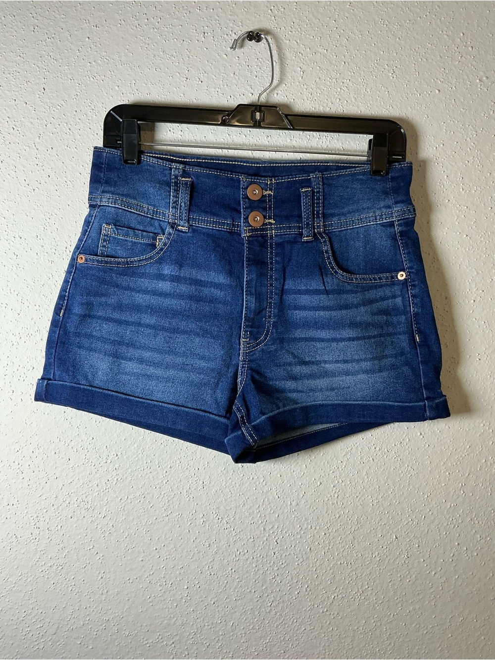 No Boundaries Double-Button Dark Blue Denim Jean Shorts